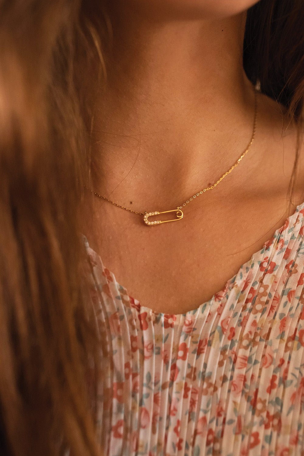 Dainty 14K Gold Safety Pin Necklace - Necklaces - Elk & Bloom